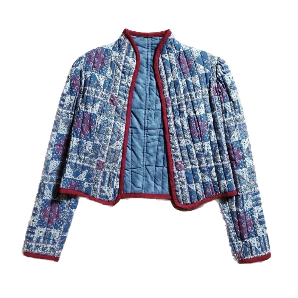 Vintage Blue and Burgundy Quilted Patchwork Cropped Blazer